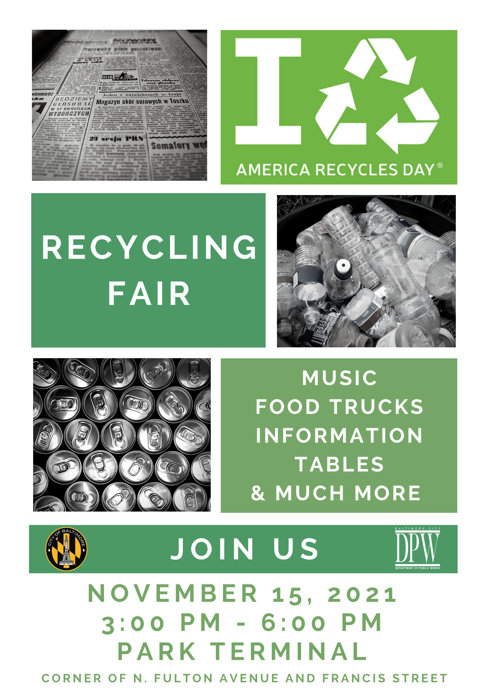 In the top-left corner, black-white photo of newspaper. Top right corner, large white text letter “ I” and the universal symbol of recycling. Bold Text: Recycling Fair, white-colored, capital-lettered text  Image: photo of plastic bottles in black and whi